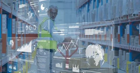 Warehouse worker using tablet, data analytics and logistics image over shelves Foto stock