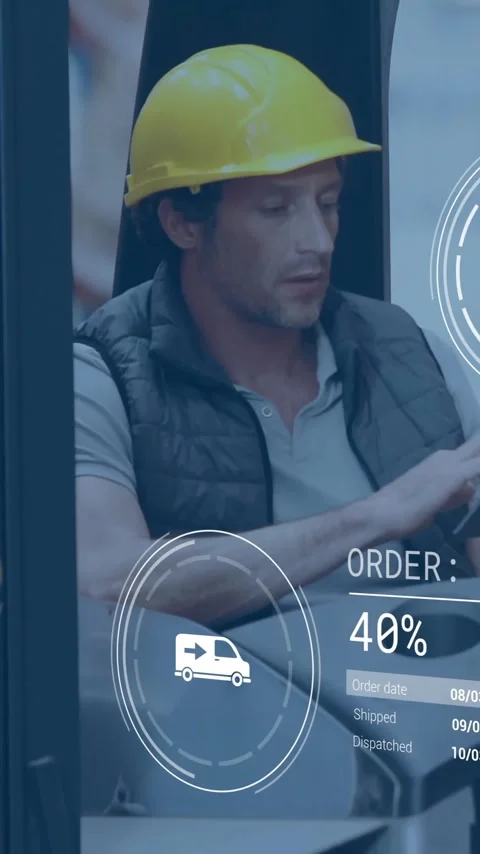 Warehouse worker using tablet, logistics data processing animation over Stock Footage 342915968