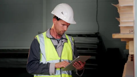Warehouse Worker Using Tablet While Checking Materials in Storage Stock Footage 345013480