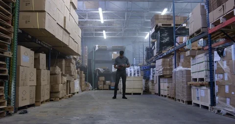 Warehouse worker walking and recording details of cargo boxes in warehouse Stock Footage 116367203