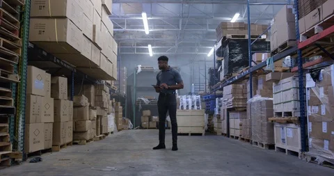Warehouse worker walking and recording details of cargo boxes in warehouse Stock-Footage 116367370