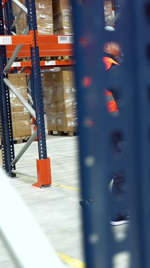 Warehouse worker walking through storage aisles Stock Footage 305647480