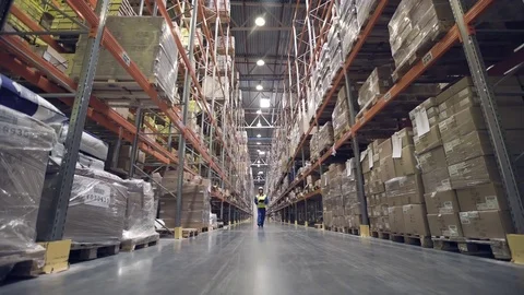 Warehouse worker walks through rows of warehouse Stock Footage 76044918