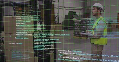 Warehouse worker wearing vest using tablet in warehouse, with code overlay, copy 스톡 사진