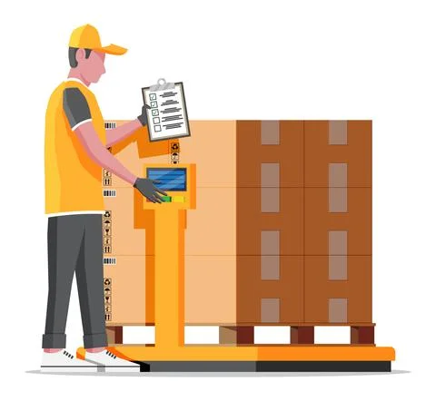 Warehouse worker is weighing the cargo. Stock Illustration