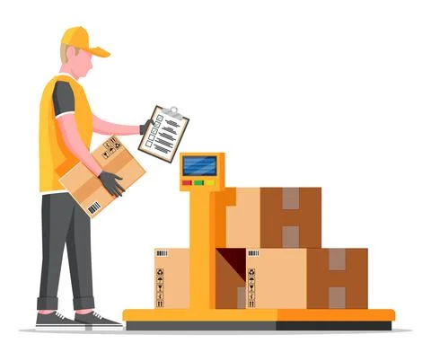 Warehouse worker is weighing the cargo. 스톡 일러스트