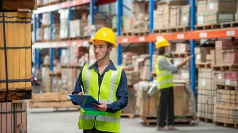 Warehouse worker working together in warehouse Stock Photos