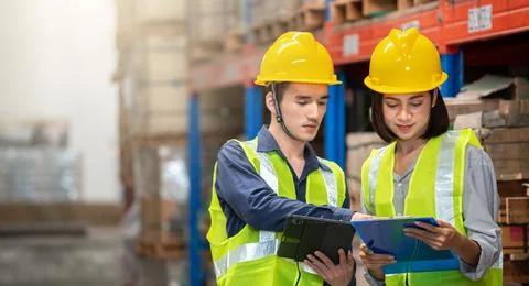 Warehouse worker working together in warehouse Stock Photos