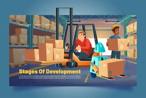 Warehouse workers and robot load boxes on racks Stock Illustration