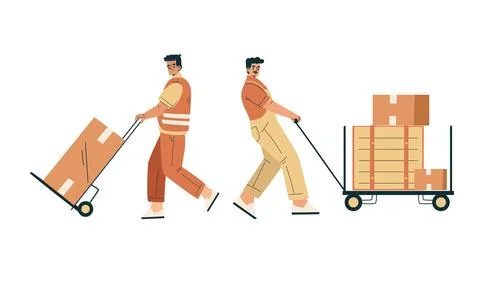 Warehouse workers are actively engaged in transporting various goods using hand Stock Illustration