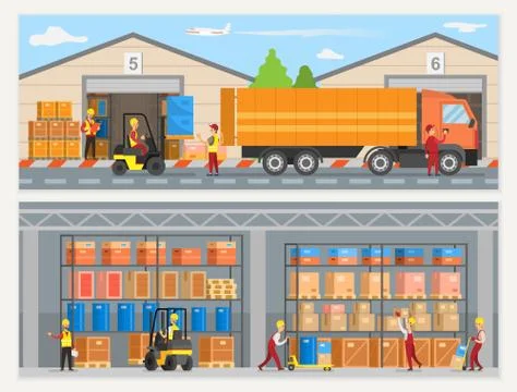 Warehouse Workers with Boxes and Trucks Loaders Stock Illustration