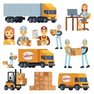 Warehouse workers cartoon vector characters - loader, delivery man, courier and Stock Illustration