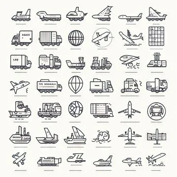 Warehouse workers characterline drawing of logistics icons set Stock Illustration