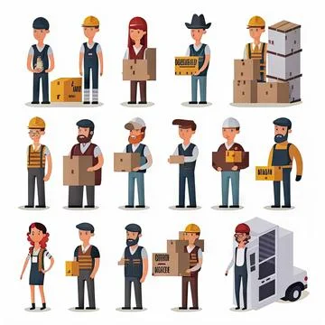 Warehouse workers characters set, Logistics, white background Stock Illustration