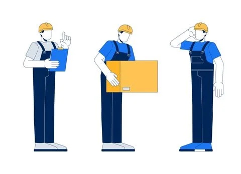 Warehouse workers in different poses wearing safety gear cartoon characters set Stock Illustration
