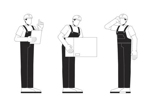 Warehouse workers in different poses wearing safety gear 2D line characters set Stock Illustration