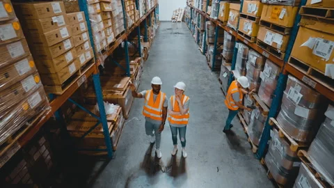 Warehouse workers discussing in the distribution center Stock Footage 163345931