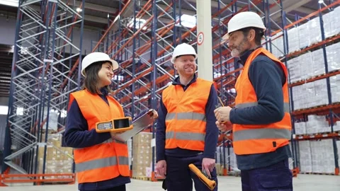 Warehouse workers discussing logistics and inventory management Stock Footage 312856377