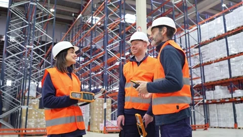 Warehouse workers discussing logistics and inventory management Stock Footage 312856388