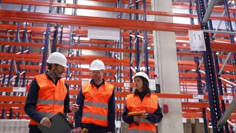Warehouse workers discussing logistics and inventory management Stock Footage 312856408