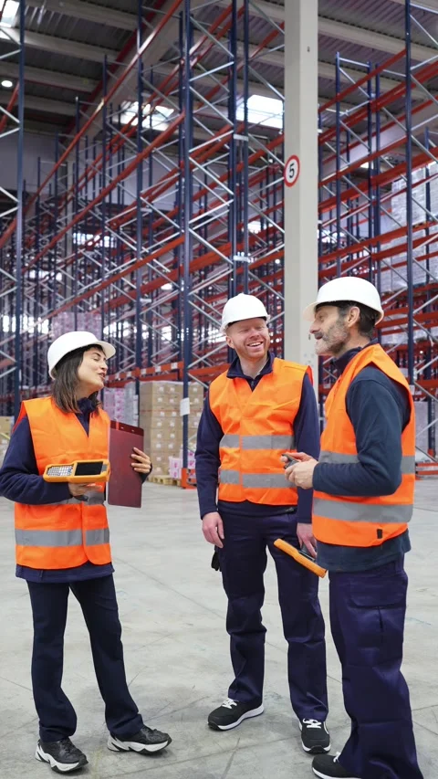 Warehouse workers discussing logistics and inventory management Stock Footage 312856492