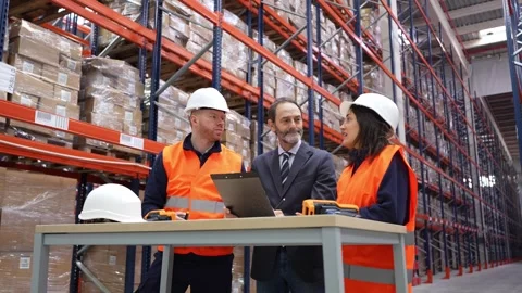 Warehouse workers discussing logistics management Stock Footage 312856443