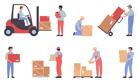 Warehouse workers doing job set isolated Illustration