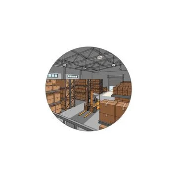 Warehouse workers with forklift and boxes inside industrial storage facility Stock Illustration