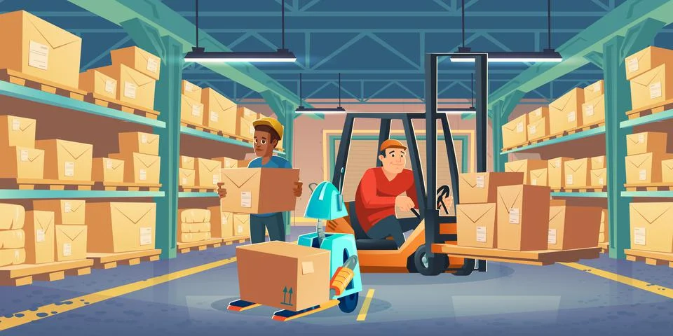 Warehouse with workers, forklift, robot and boxes Stock Illustration