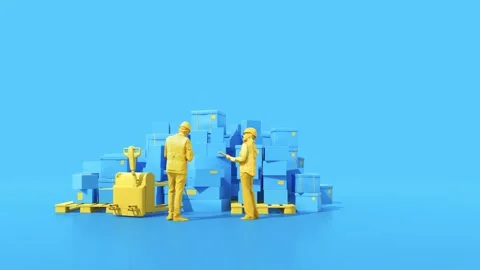 Warehouse workers in helmets pointing in front of stack of cardboxes. Stock-Footage 262471256