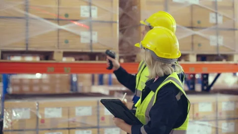 Warehouse workers holding digital tablet checking inventory management pack.. Stock Footage 252114239