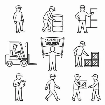 Warehouse workers icons set, laborers lifting boxes, driving forklift, Japa.. 스톡 일러스트