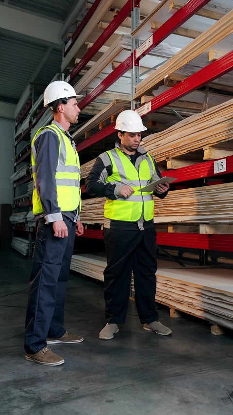 Warehouse Workers Inspecting Material Stock on Storage Racks. Video stock 347264766