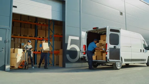 Warehouse Workers Load Locistics Delivery Van Stock Footage 157114002