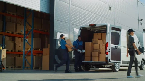 Warehouse Workers Load Locistics Delivery Van Stock Footage 157114310