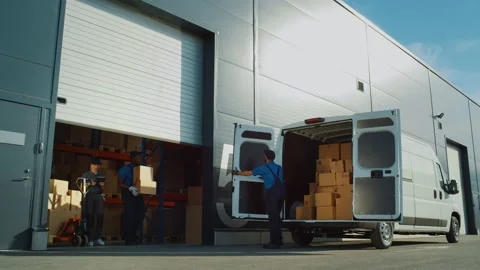 Warehouse Workers Load Locistics Delivery Van Stock Footage 157114394