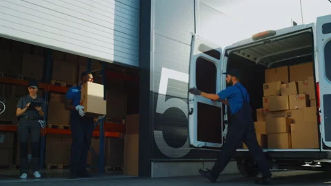 Warehouse Workers Load Locistics Delivery Van Stock Footage 157114443