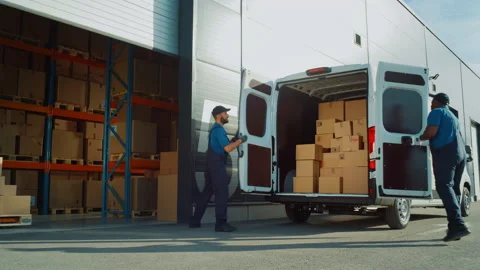 Warehouse Workers Load Locistics Delivery Van Stock Footage 157114560