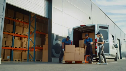 Warehouse Workers Load Locistics Delivery Van Stock Footage 157114738