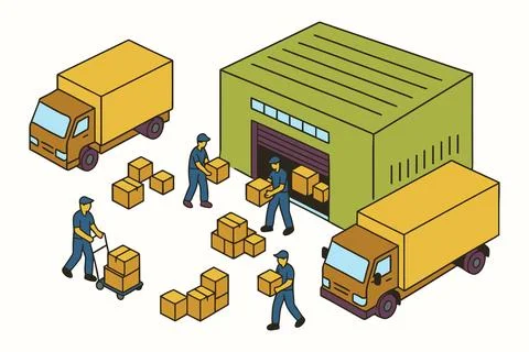 Warehouse workers loading and unloading cargo trucks with boxes isometric i.. Stockillustratie
