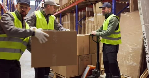 Warehouse workers loading boxes onto pallet with trolley delivery operations Stock Footage 335741372
