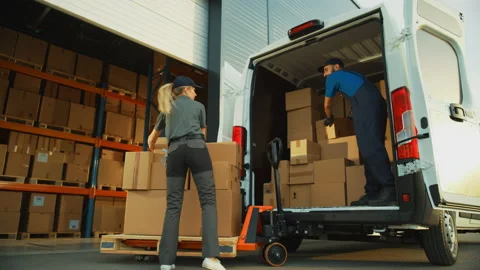 Warehouse Workers loading Van Vehicle Stock Footage 157116459