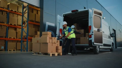 Warehouse Workers loading Van Vehicle Stock Footage 157116883
