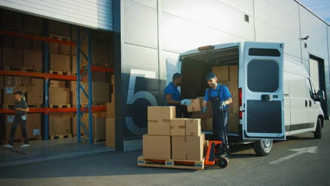 Warehouse Workers loading Van Vehicle Stock Footage 157118630