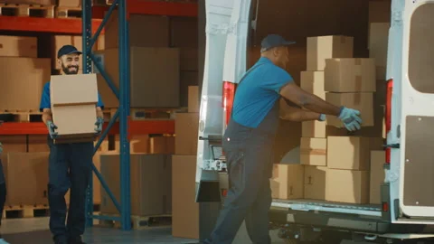 Warehouse Workers loading Van Vehicle Stock Footage 157118698
