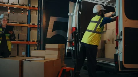 Warehouse Workers loading Van Vehicle Stock Footage 157119698