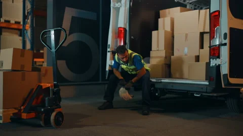 Warehouse Workers loading Van Vehicle Stock Footage 157119993