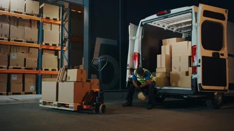 Warehouse Workers loading Van Vehicle Stock Footage 157120068