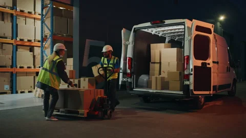 Warehouse Workers loading Van Vehicle Stock Footage 157120141