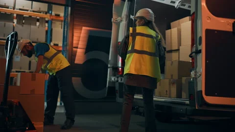 Warehouse Workers loading Van Vehicle Stock Footage 157121160